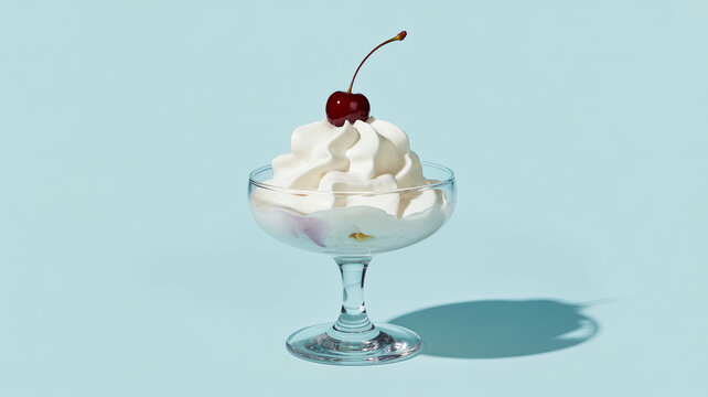 A glass coupe filled with fluffy whipped cream and topped with a single red cherry, creating a simple yet elegant dessert presentation on a pastel blue background.