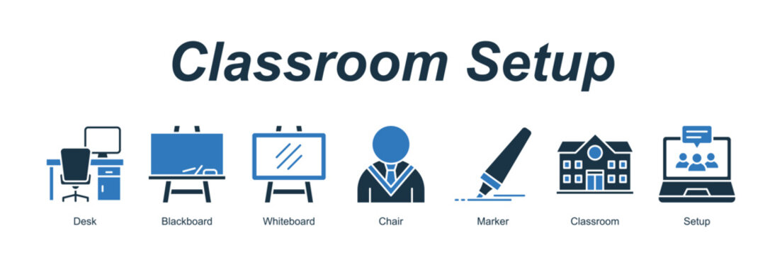 Classroom Setup web banner icon concept for with icon of Desk, Blackboard, Whiteboard, Chair, Marker, Classroom, Setup.