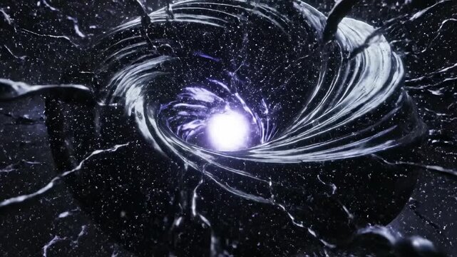 A swirling vortex of cosmic energy emanates from a bright, luminous core, suggesting a gravitational singularity pulling in stellar debris and illuminating the surrounding nebulous expanse