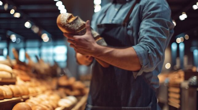 Close-up of a baker's hands selecting a fresh, crusty loaf of bread from a display in a cozy, modern grocery store or bakery