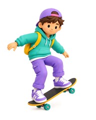 Fototapeta premium Minimalist 3D pastel illustration of a cheerful teenage boy riding a skateboard