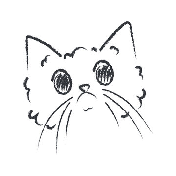 Vector hand drawn illustration of a sad fluffy cat face with textured charcoal outlines. Minimalist black and white kitty doodle isolated on white background for stickers, veterinary clinic branding, 