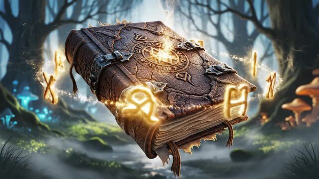 An ancient, ornate leather-bound spellbook glows with mystical energy, emitting magical runes and light within a mysterious, enchanted forest setting, evoking fantasy and arcane power