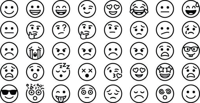 Black and white cartoon egg icons with funny smiley faces and emotion expressions vector set