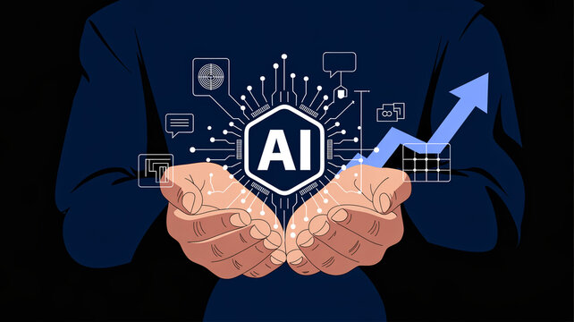 Hands presenting the concept of artificial intelligence with growth charts and icons symbolizing digital transformation and future innovation in business operations.