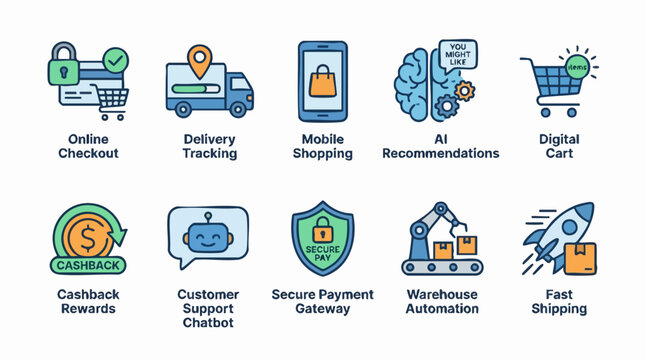 E-commerce Icons: Illustrative icons representing various facets of the digital shopping experience, from secure payment gateways and online checkout to fast shipping and customer support chatbots.