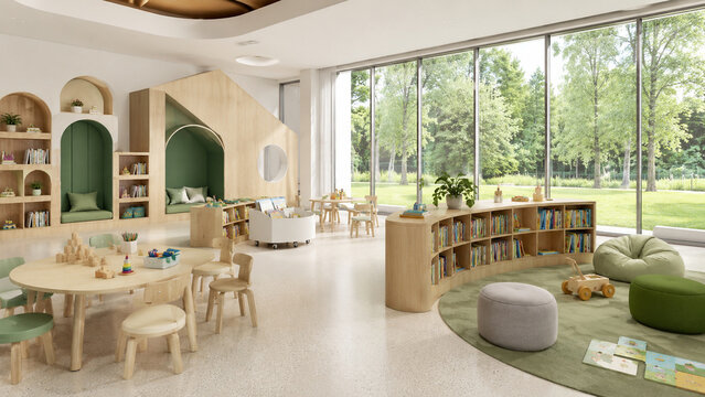 Bright modern children's library with cozy reading nooks