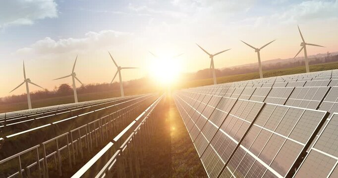 Green technology concept with solar panels and wind turbines for power supply. Sustainable Green Energy Related 3D Animation.