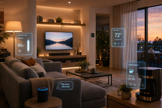 Futuristic smart living room with holographic home controls and coffee maker