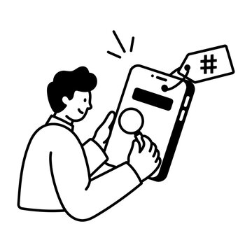 Glyph icon of a person searching hashtags on mobile.