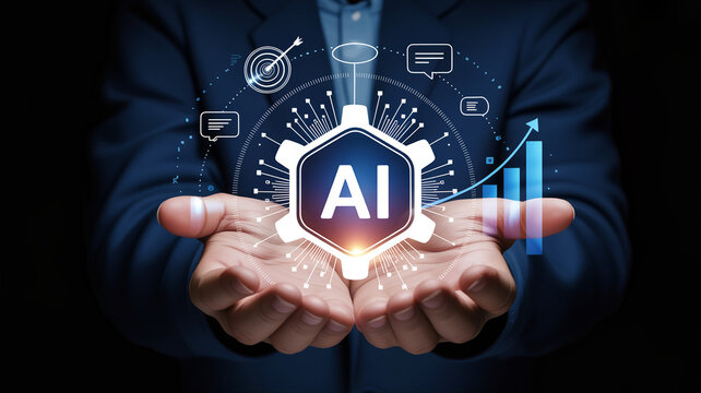 A person in a blue shirt holds their hands out, presenting a glowing AI gear icon surrounded by a dynamic network of digital business symbols.