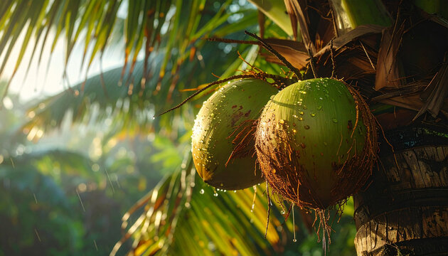Sunlit coconut tree with ripe tropical coconuts and green leaves in nature