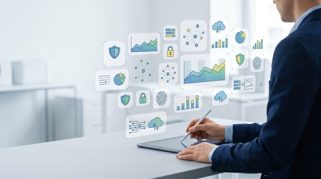 Businessman using tablet with holographic data analytics icons, business intelligence concept, digital transformation, cloud computing, security shield, financial charts,