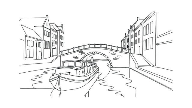 A detailed line art drawing of a small canal boat passing under an arched stone bridge in a historic town.