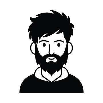 Young Bearded Man Avatar with Messy Hair.Modern black and white vector illustration of a stylish young man with a full beard and messy hair. 