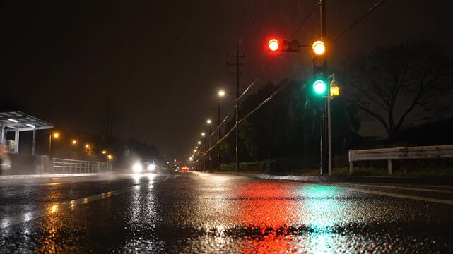 Rainy city street at night with glowing traffic lights and wet road reflections. Urban nightlife, transportation, moody weather, and cinematic atmosphere concept.