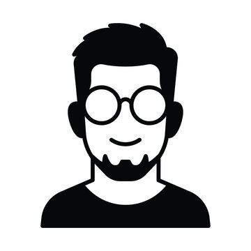 Man with Glasses Avatar | Nerdy Guy with Beard Vector Illustration. Minimalist black and white vector illustration of a friendly young man wearing round glasses, with short hair and a stylish beard. S