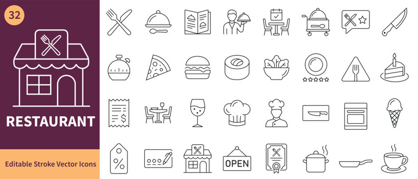 Restaurant web icons in line style. Food, meal, menu and delivery collection.