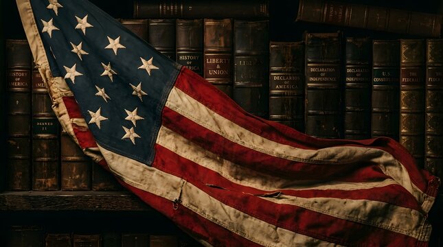 Flag day tribute american flag draped over historic books