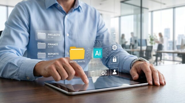 Man managing digital assets and files on tablet with AI technology interface, organizing projects and finance folders in modern office workspace environment.