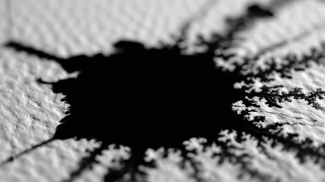 Abstract surreal organic ink blotch blooming with intricate fractal snowflake like patterns emerging upon a textured canvas creating a dramatic dark and light contrast exploring natural