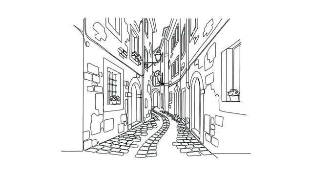 Hand drawn illustration of a narrow European cobblestone alleyway.