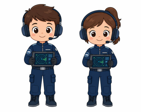 Cute Boy and Girl Radar Operators Wearing Dark Blue Communication Uniforms with Headsets Holding Radar Tablets Cartoon Illustration