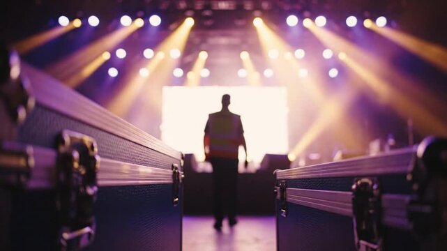 Concert stage crew preparing live event with bright spotlights and backstage equipment cases. Music production, entertainment industry and event management concept.