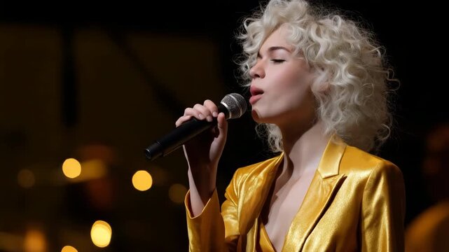 Young caucasian female singer in gold jacket performing with microphone