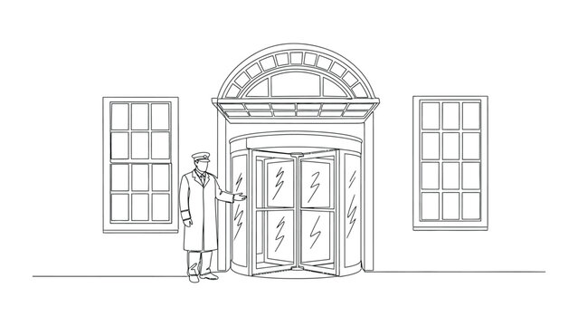 A continuous line drawing of a doorman standing at a hotel entrance.
