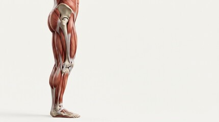 Detailed anatomical illustration of a human leg showing muscles and bones on a white background.