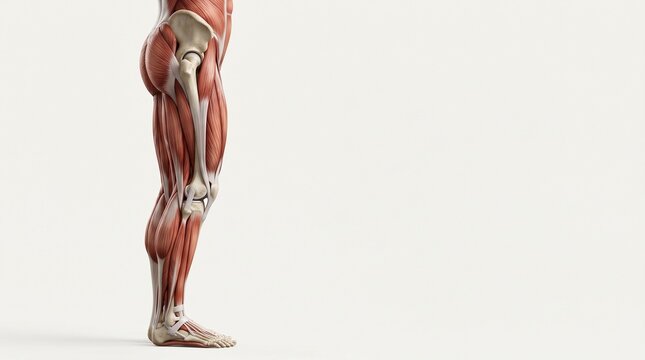 Detailed anatomical illustration of a human leg showing muscles and bones on a white background.