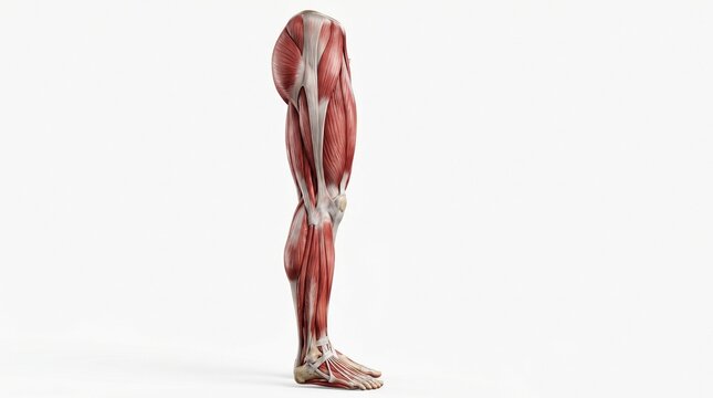 Detailed anatomical rendering of the human leg showing muscle structure.