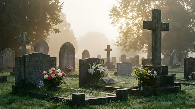 Old stone gravestones with fresh floral tributes in misty morning cemetery
