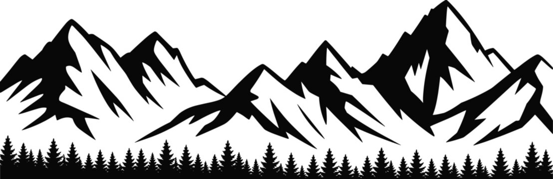 Black silhouette of jagged mountain peaks above a line of pine trees mountains