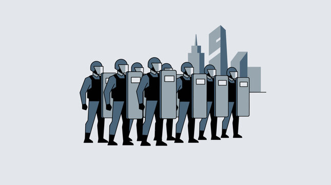Riot police standing in formation city.