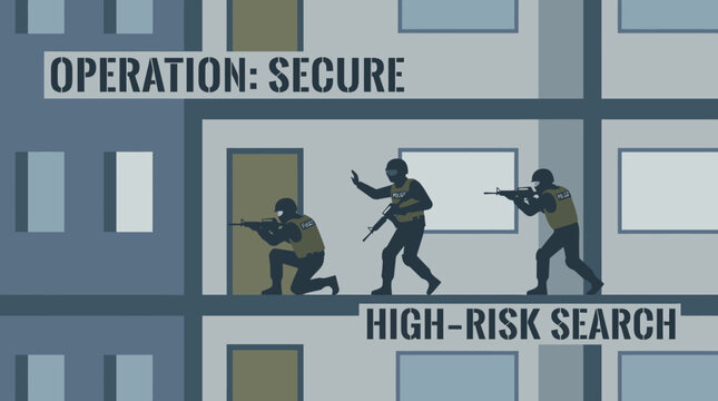 Military tactical operation illustration with soldiers conducting high-risk search.