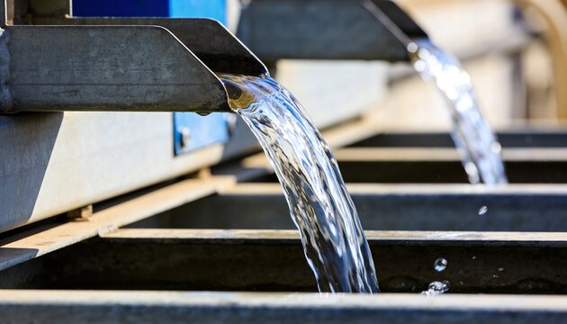 Pouring metal spout releasing clear water into metal troughs at water plant, splashing droplets