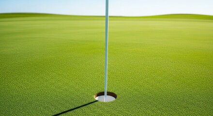 Obraz premium A perfect golf hole waiting on the immaculate putting green under clear skies, symbolizing success and the end of the game, success, championship, green
