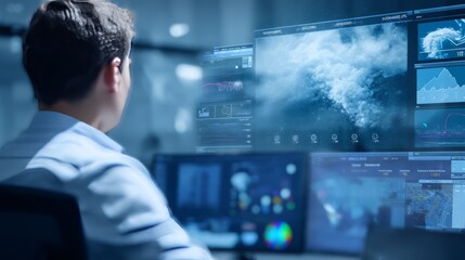 Fototapeta premium Man analyzing digital weather data and cloud patterns on multiple screens