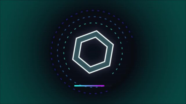 Glowing Neon Hexagon Shape Pulsing with Abstract Digital HUD Elements