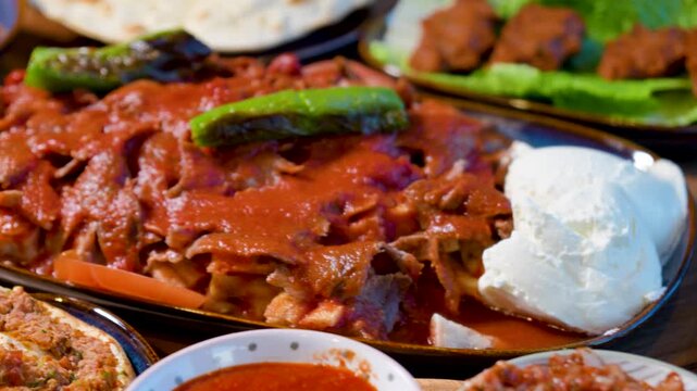 Full Turkish Family Feast Table with Traditional Food, Grilled Meat, Meze and Rustic Bread