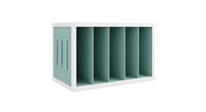 White and Teal Plastic Desktop File Organizer with Six Vertical Compartments