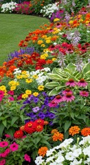 Naklejka premium A vibrant, densely planted garden bed filled with colorful summer annuals and perennials, showcasing horticulture and natural beauty, cultivation, bright, blossoming
