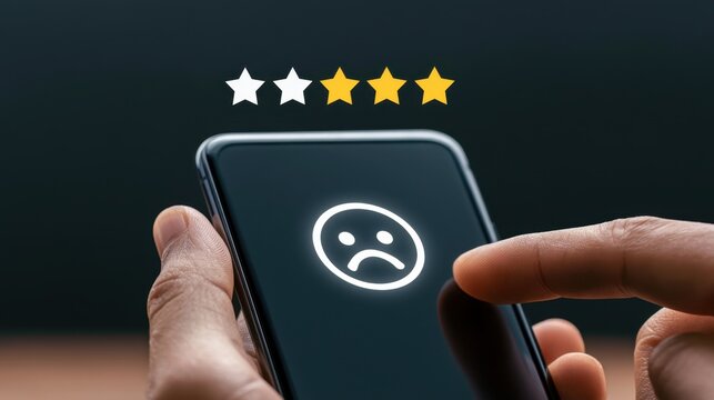 Close up of hand holding smartphone with sad face emoji on screen and four star rating for customer dissatisfaction or negative feedback concept
