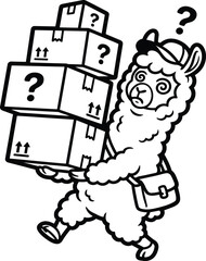 Fototapeta premium A puzzled llama carrying boxes with question marks on them