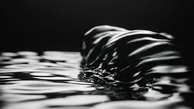 Capturing the dynamic, fluid motion of dark, undulating liquid creating mesmerizing, abstract patterns reflecting light and casting intriguing shadows within an atmospheric composition