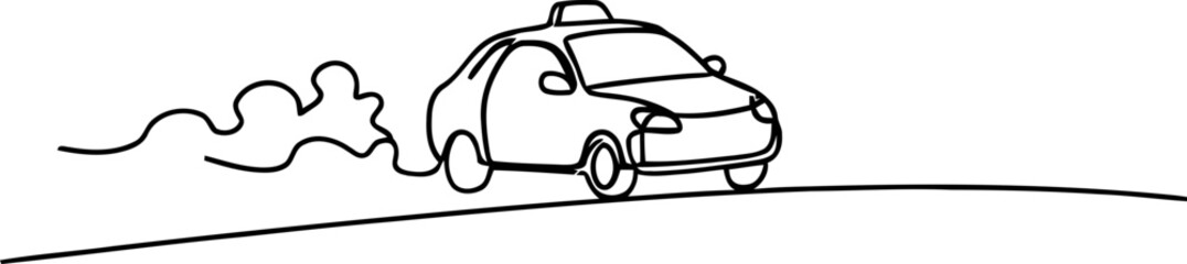 Simple line drawing of a taxi car with exhaust fumes leaving the road. © keenan