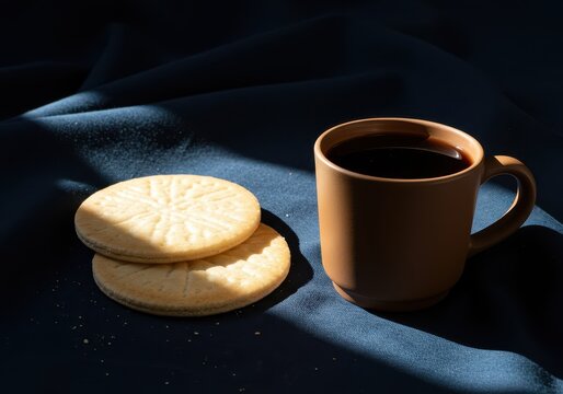 Close up view of communion elements, wafer and grape juice in a cup, sitting on a dark blue cloth lit by bright sunlight, wine, spiritual, bread