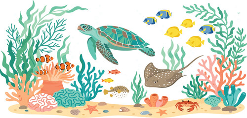 Colorful Underwater Ocean Scene Featuring Sea Turtle, Tropical Fish, Coral Reefs, Stingray, Starfish, and Marine Life Nature Illustration © Nilota